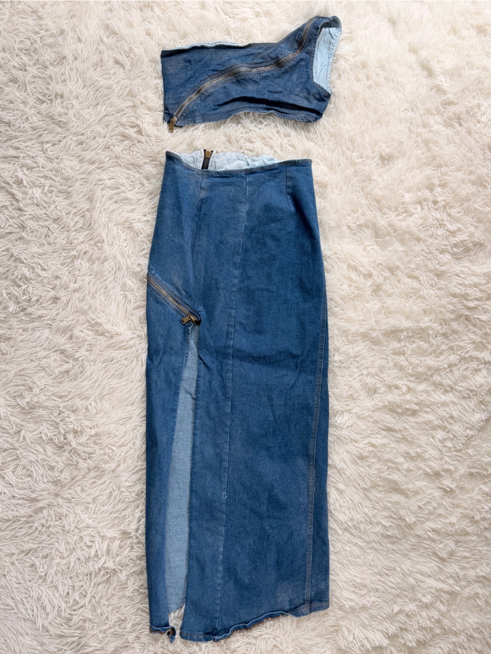Fashion Nova Blue Denim Two-Piece Skirt Set with Zipper Detail Slit Size XS